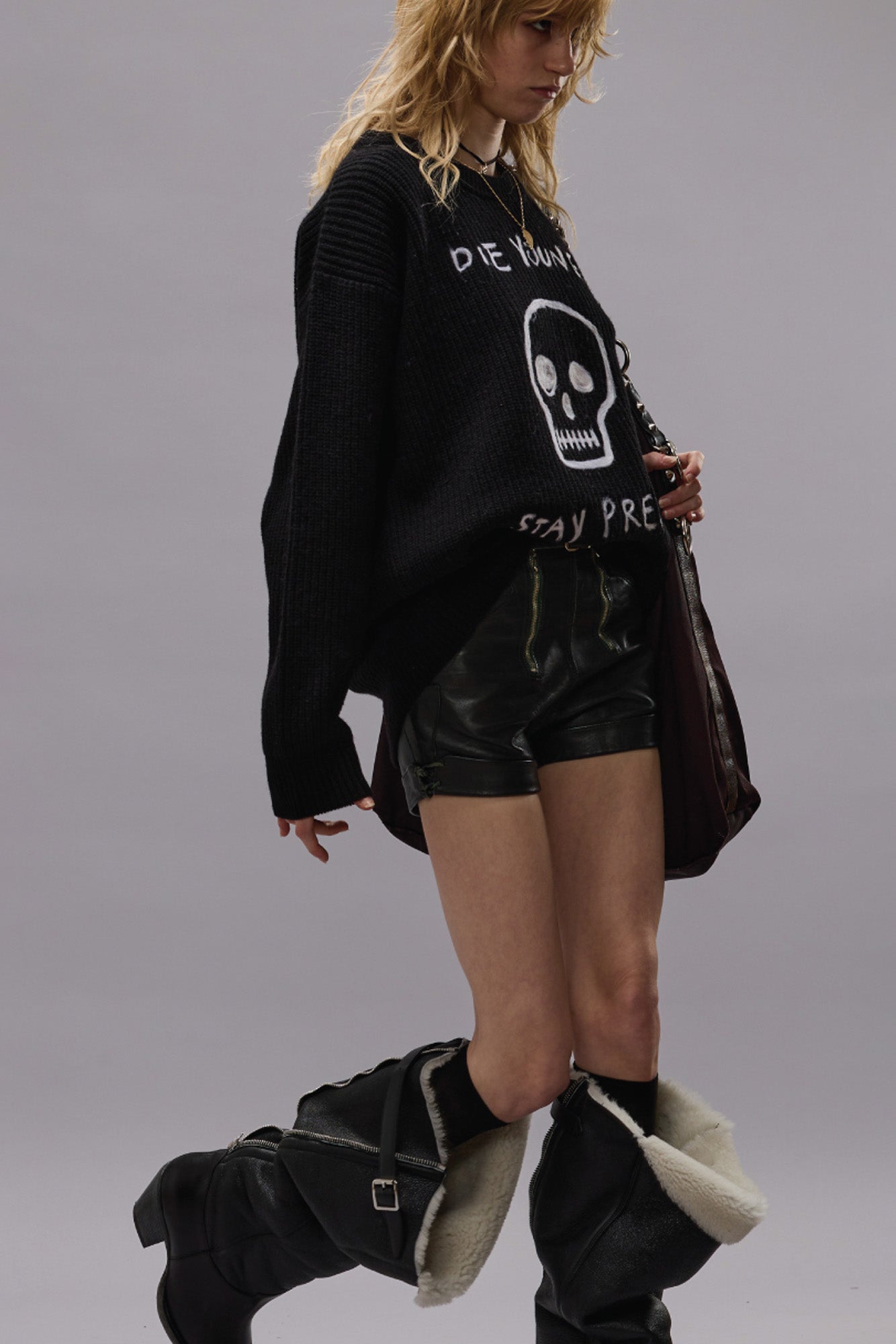 DIE YOUNG BOYFRIEND SWEATER - BLACK WITH NEEDLE PUNCHED GRAPHIC