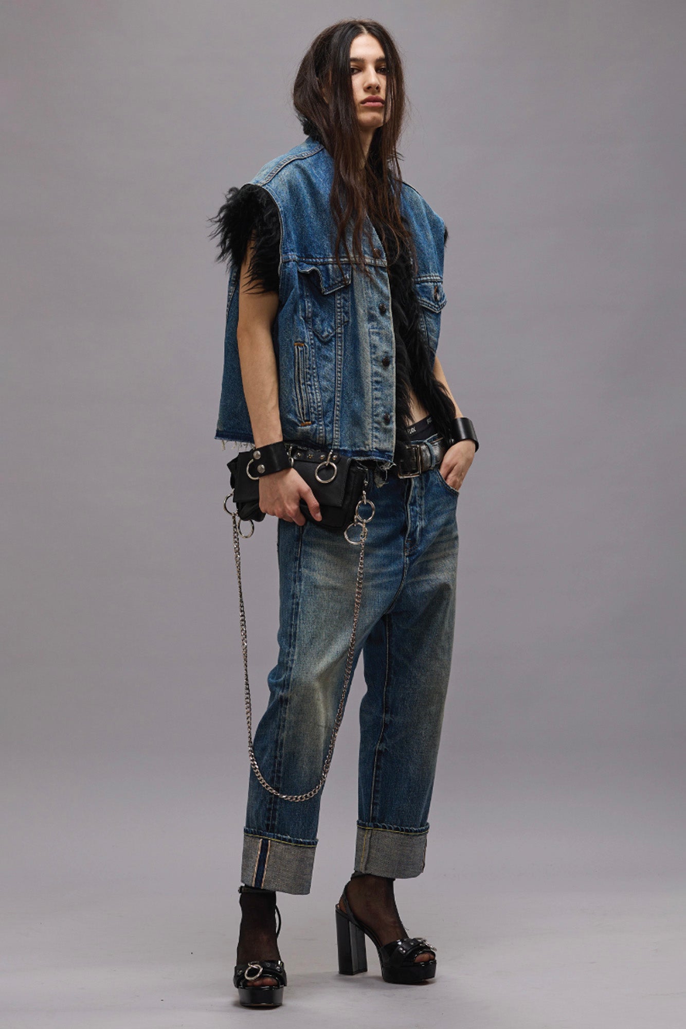 FUR TRIMMED TRUCKER VEST - STONE WASH BLUE