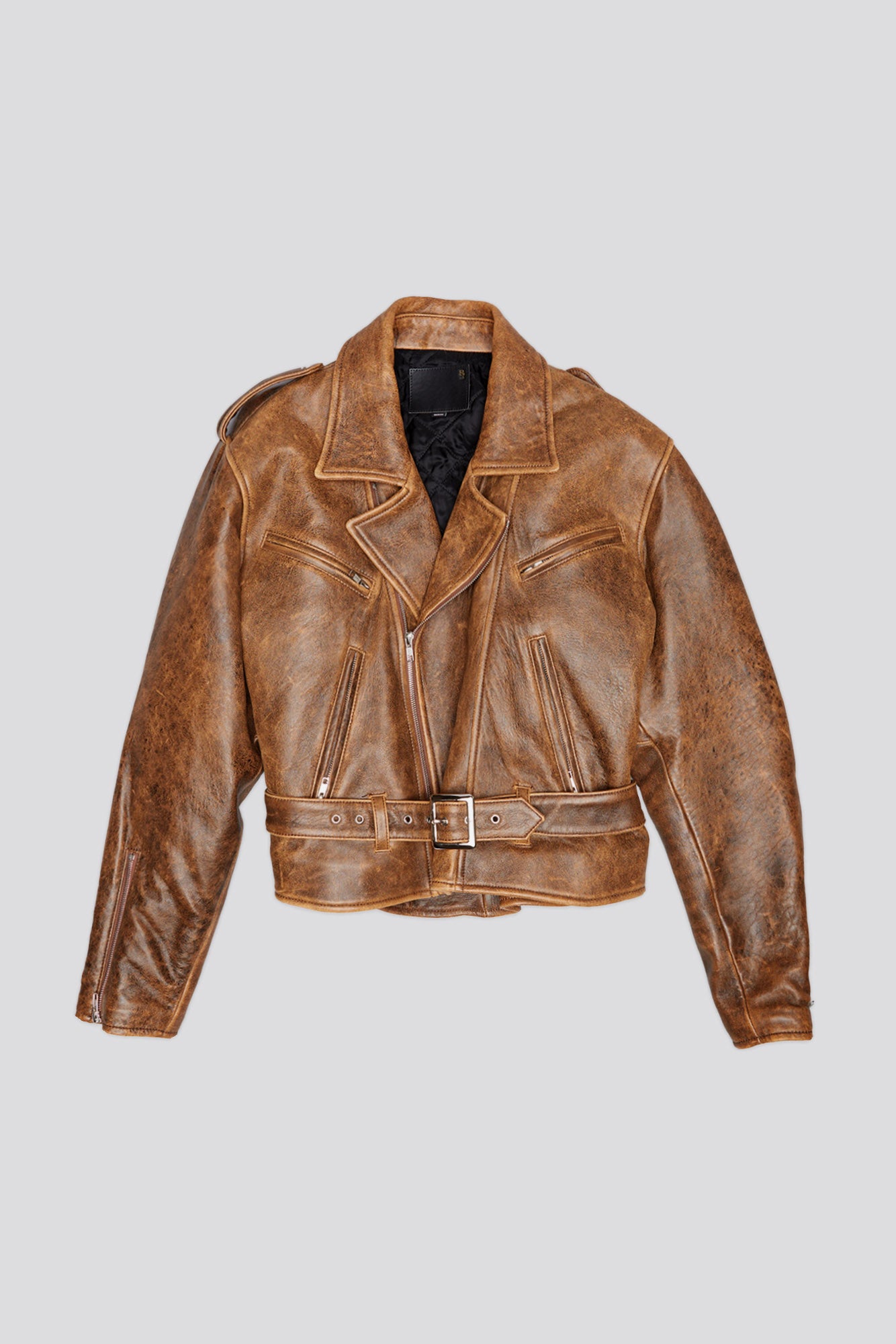 EXAGGERATED SHOULDER MOTORCYCLE JACKET - BROWN LEATHER