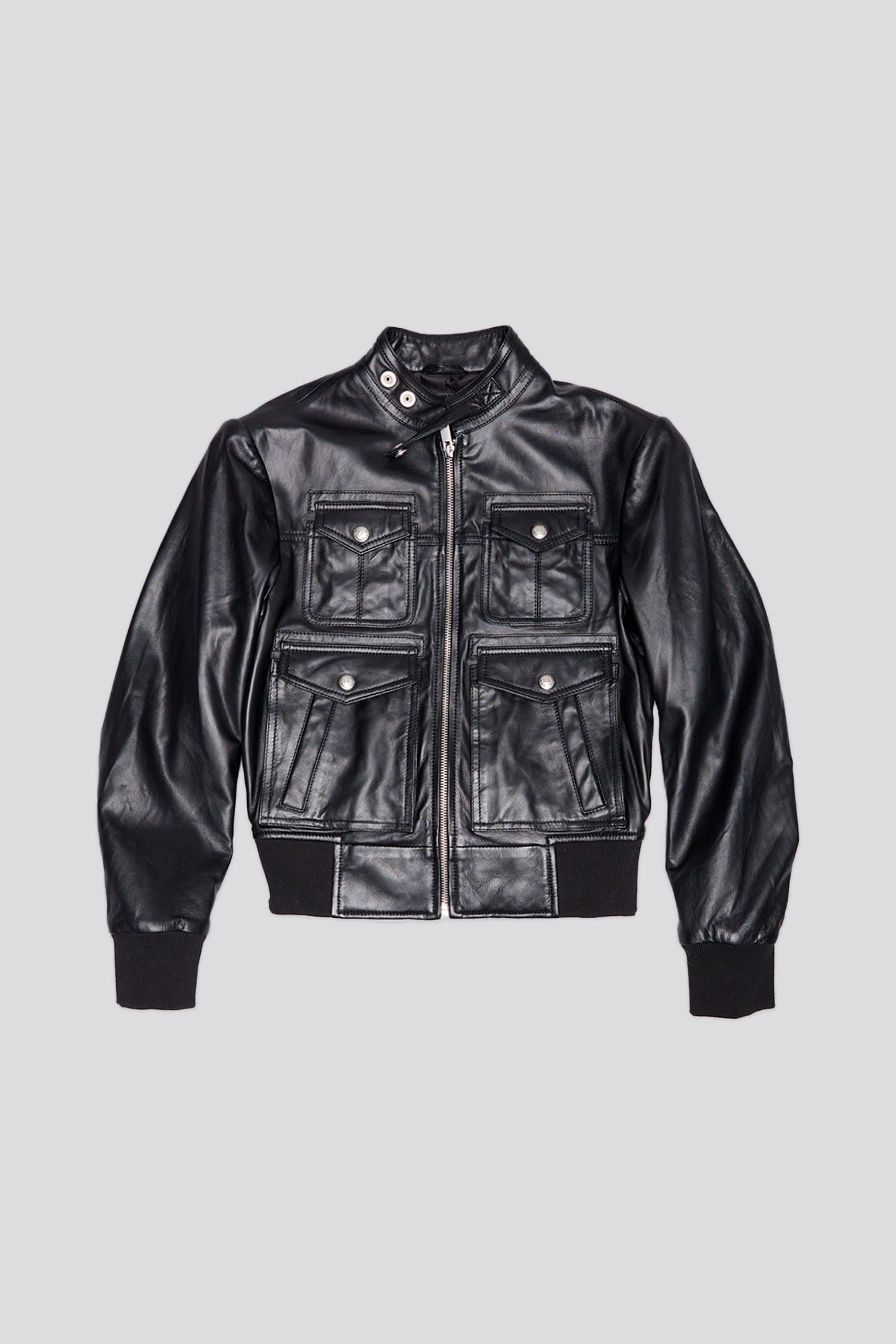 SHRUNKEN ZIP-UP LEATHER JACKET - BLACK