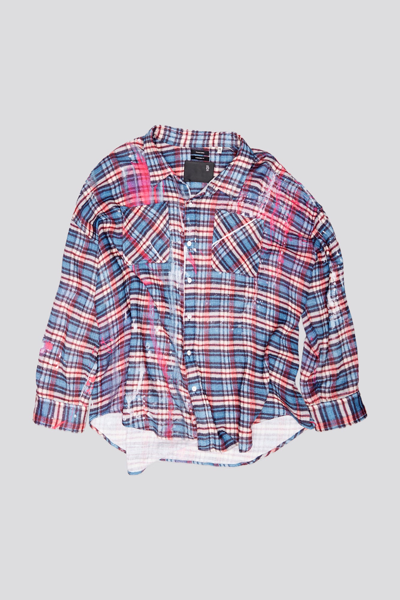 DROP NECK WORKSHIRT - BLUE PLAID WITH PAINT DRIPS