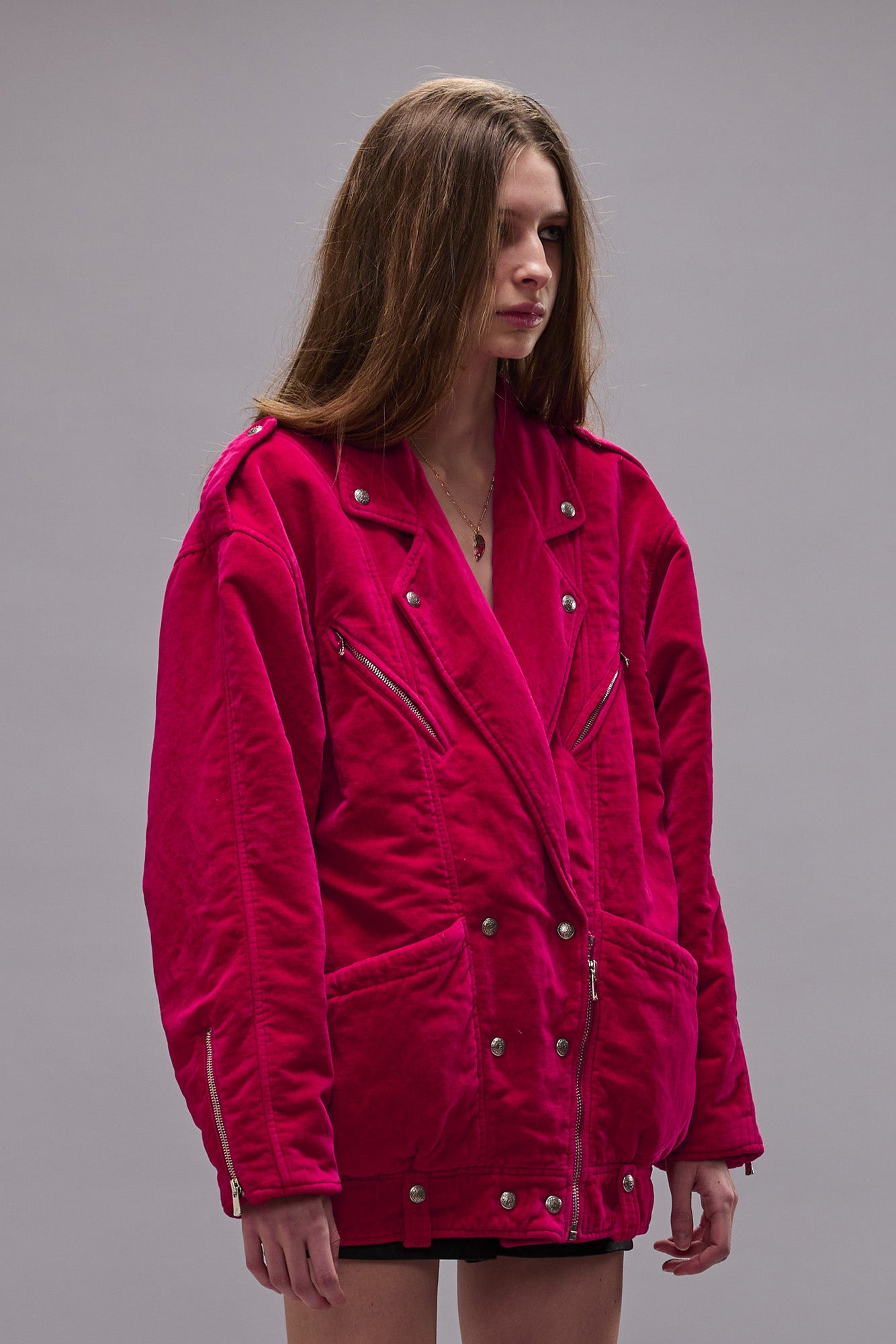 ELONGATED MOTORCYCLE JACKET - RASPBERRY VELVET - R13