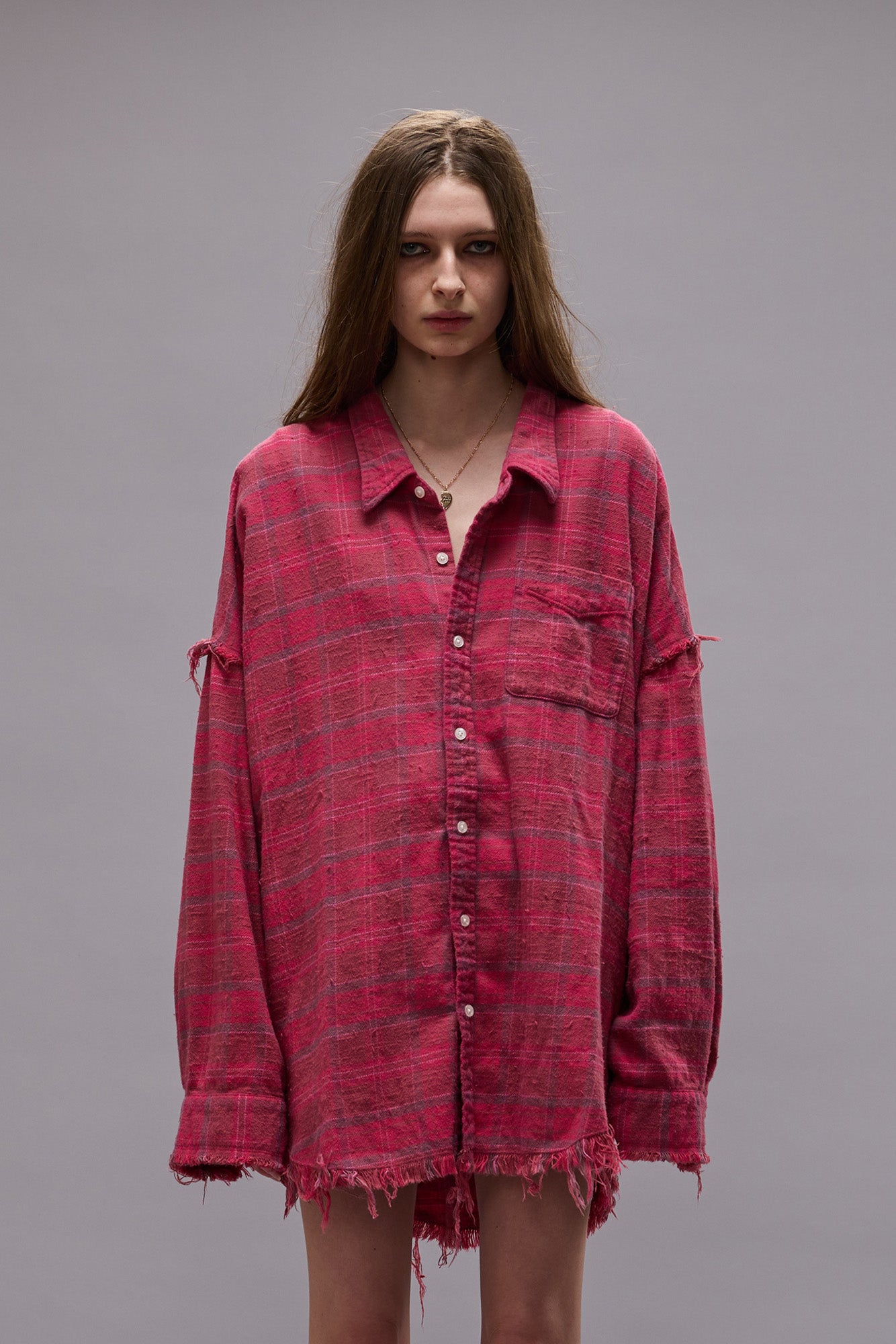 SHREDDED SEAM DROP NECK SHIRT - RASPBERRY OVERDYED PLAID