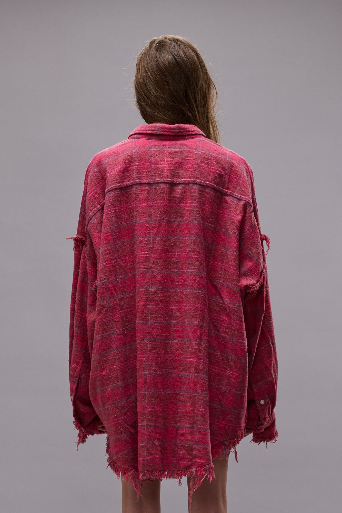 SHREDDED SEAM DROP NECK SHIRT - RASPBERRY OVERDYED PLAID