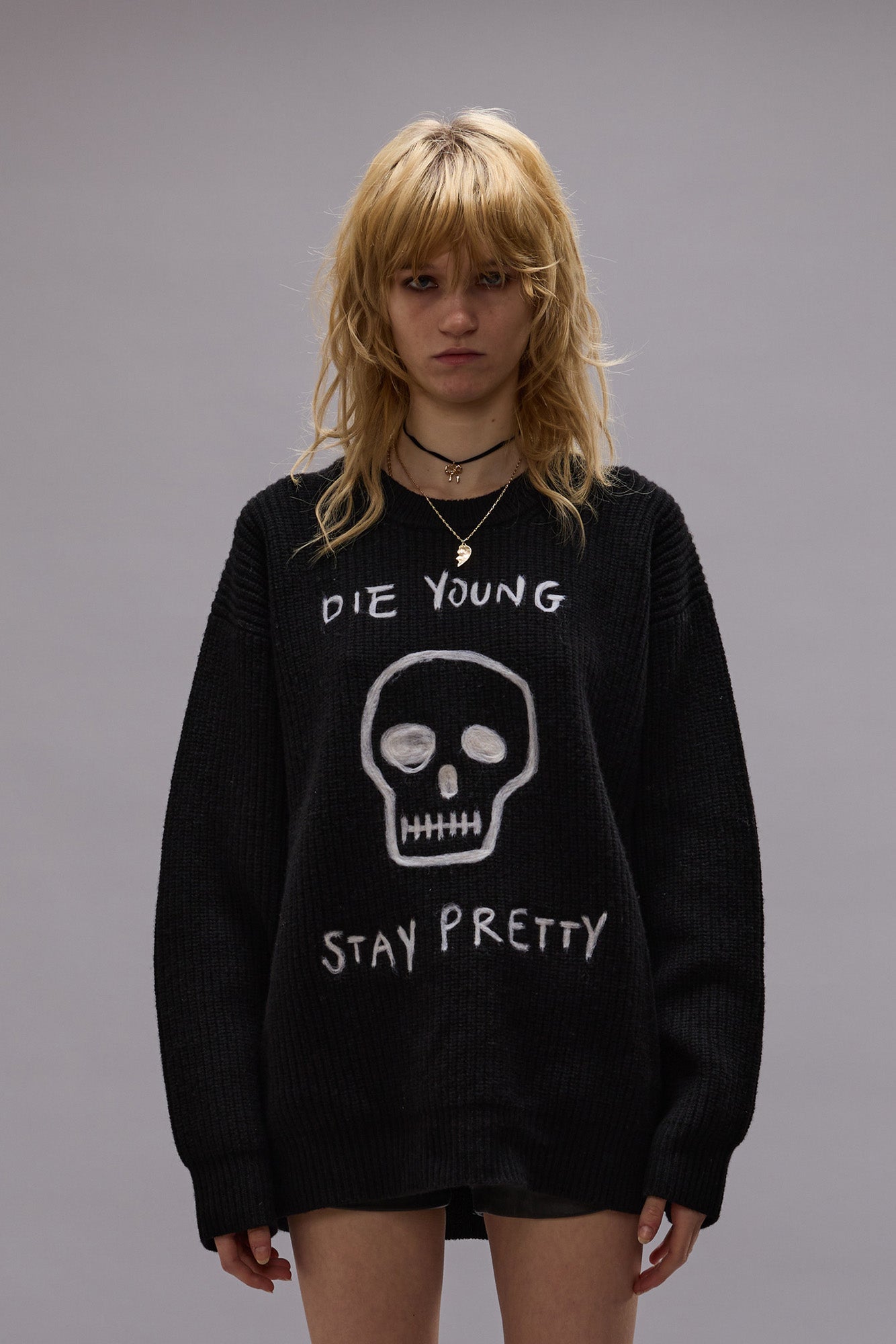 DIE YOUNG BOYFRIEND SWEATER - BLACK WITH NEEDLE PUNCHED GRAPHIC - R13