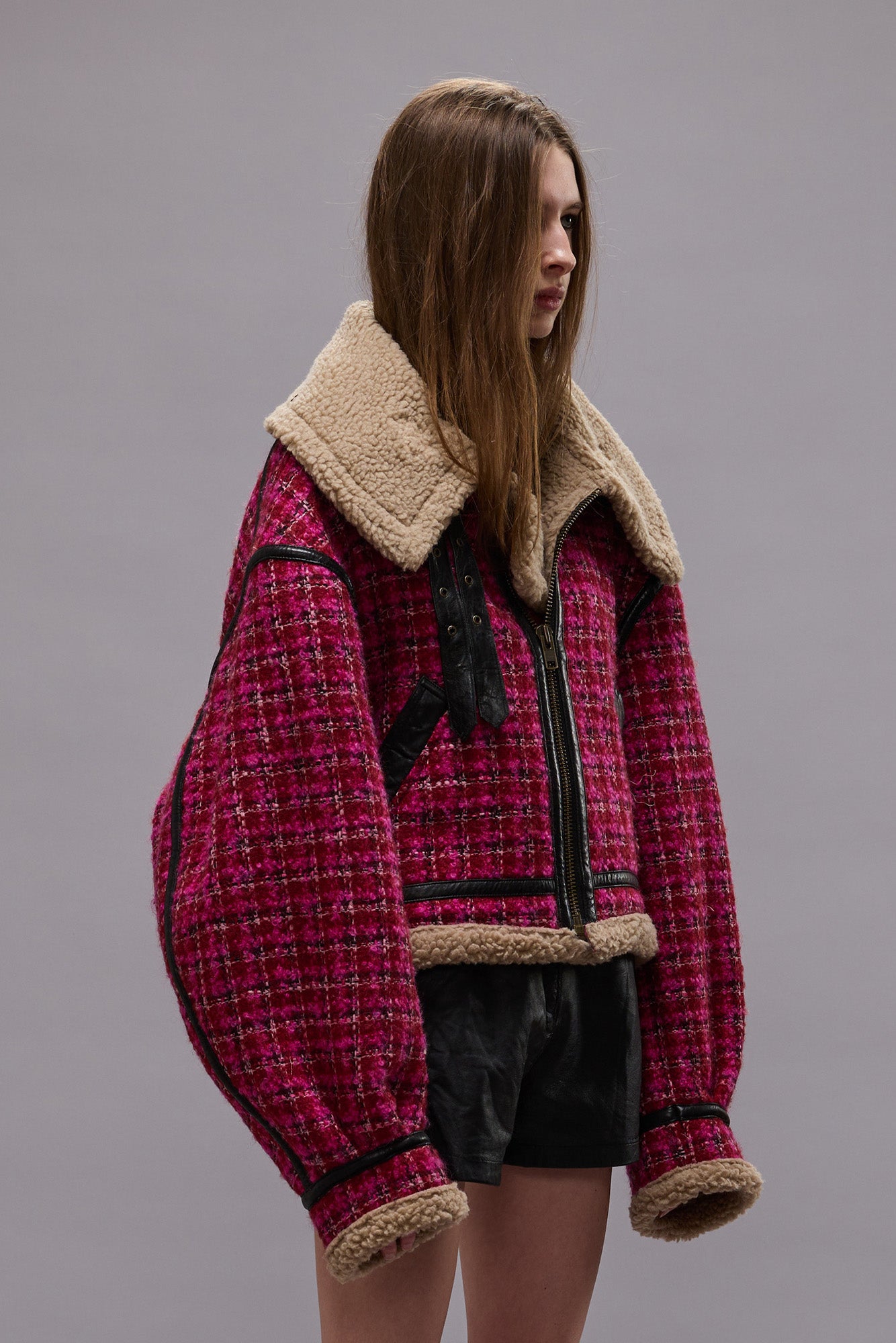 OVERSIZED AVIATOR JACKET - RASPBERRY TWEED