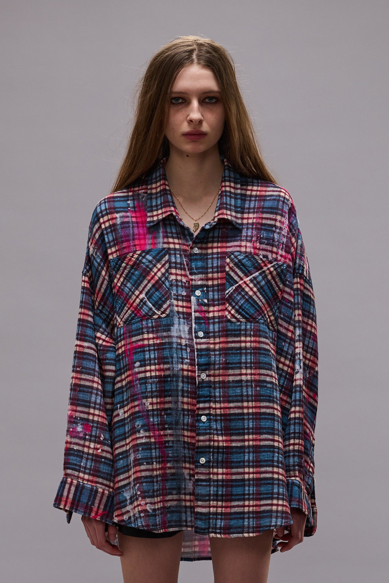 DROP NECK WORKSHIRT - BLUE PLAID WITH PAINT DRIPS