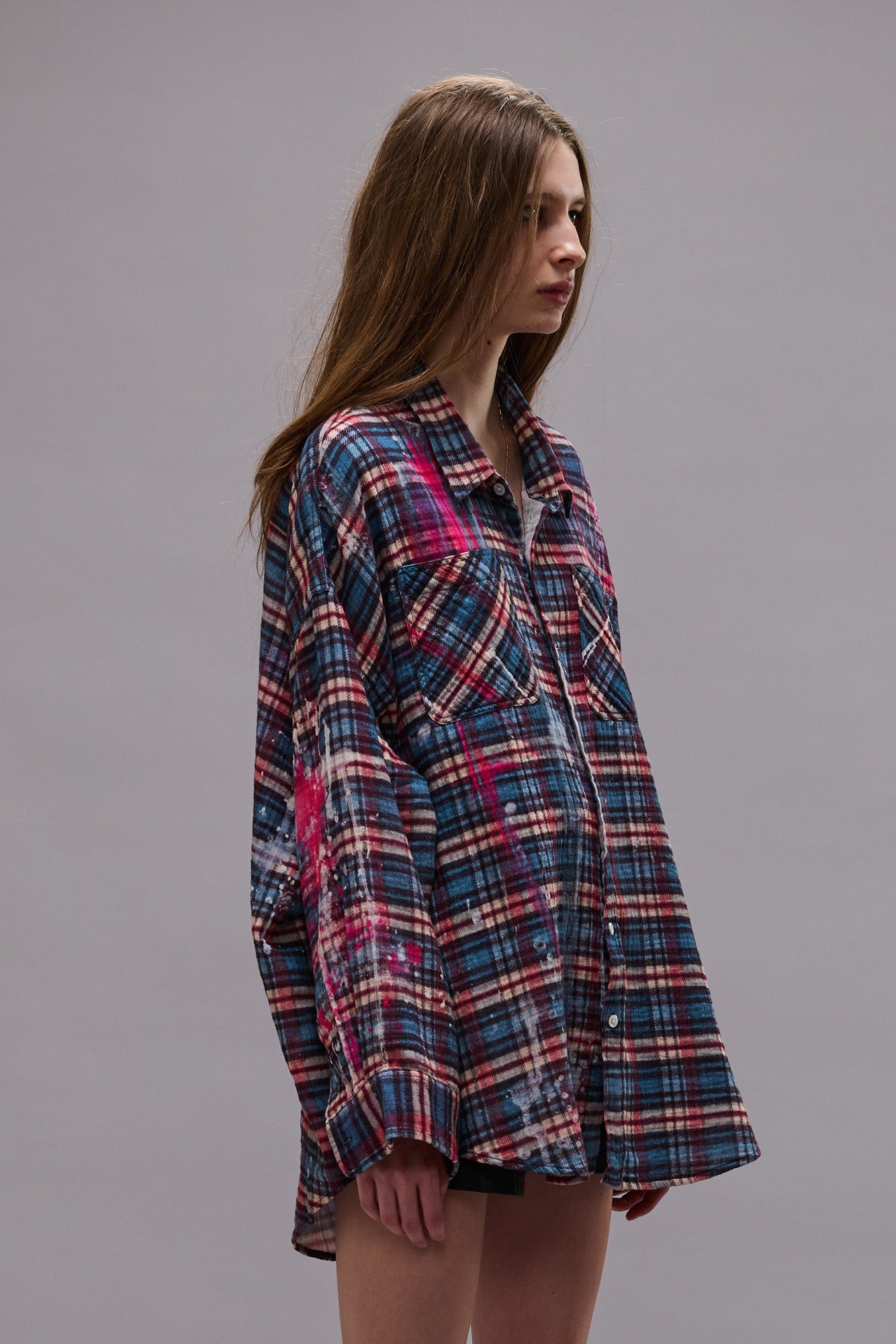 DROP NECK WORKSHIRT - BLUE PLAID WITH PAINT DRIPS