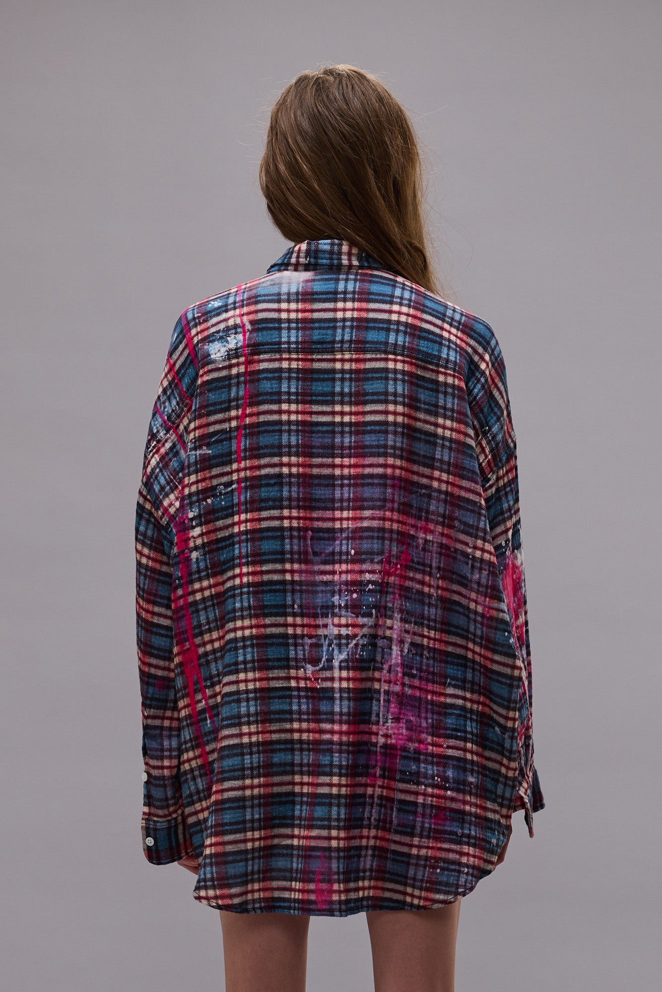 DROP NECK WORKSHIRT - BLUE PLAID WITH PAINT DRIPS