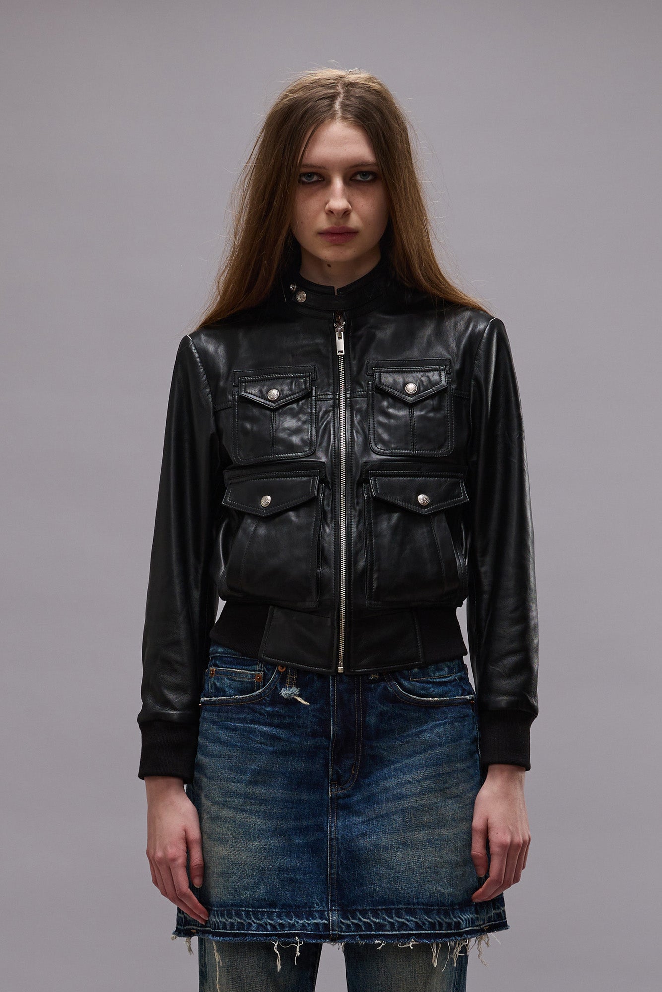 SHRUNKEN ZIP-UP LEATHER JACKET - BLACK