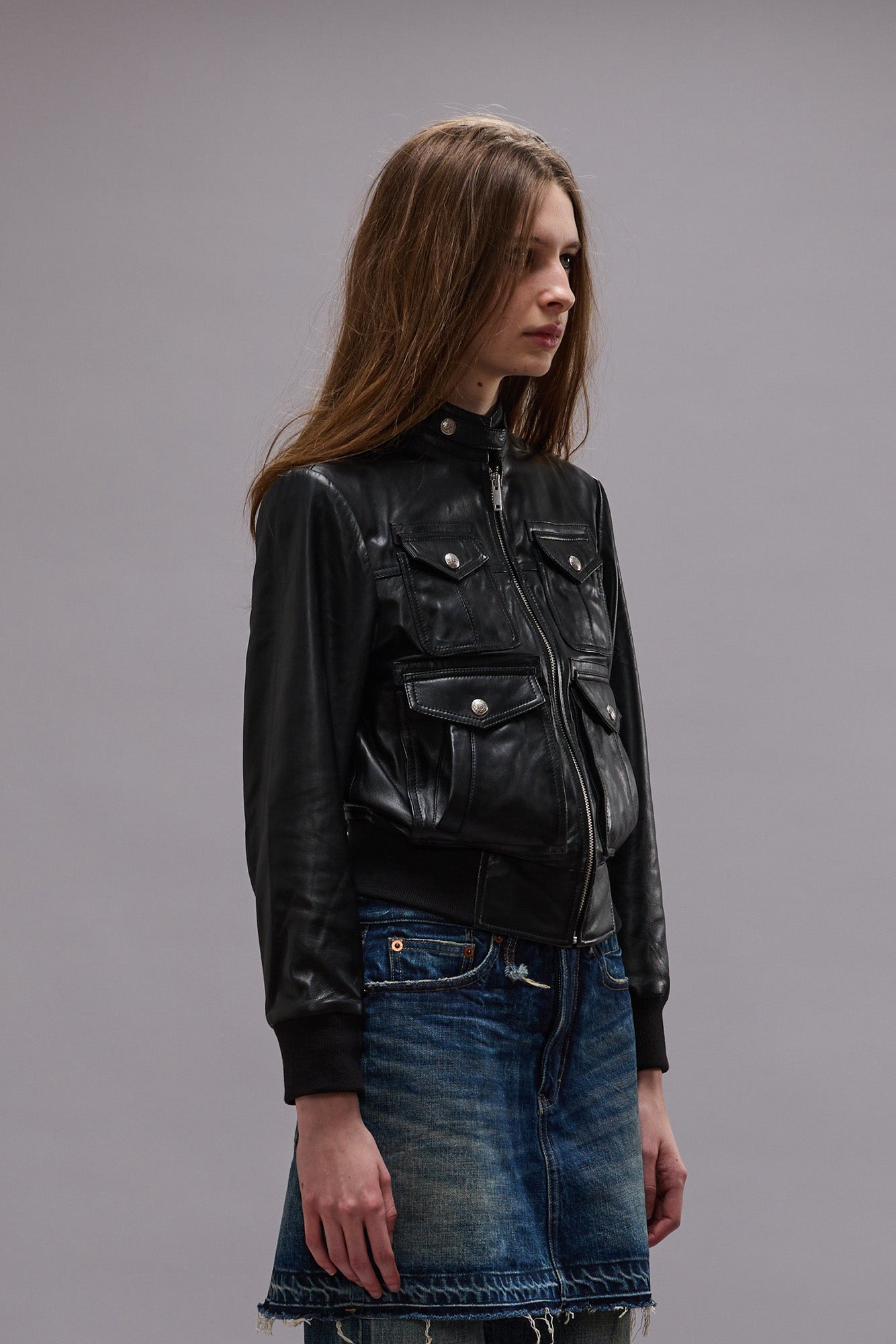 SHRUNKEN ZIP-UP LEATHER JACKET - BLACK