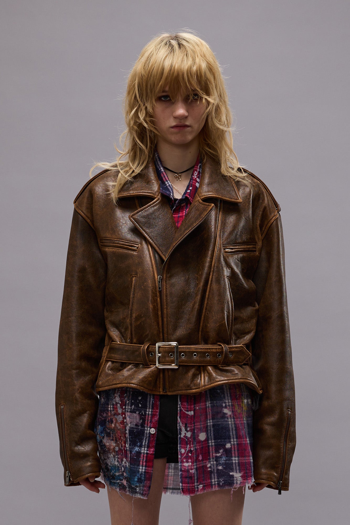 EXAGGERATED SHOULDER MOTORCYCLE JACKET - BROWN LEATHER