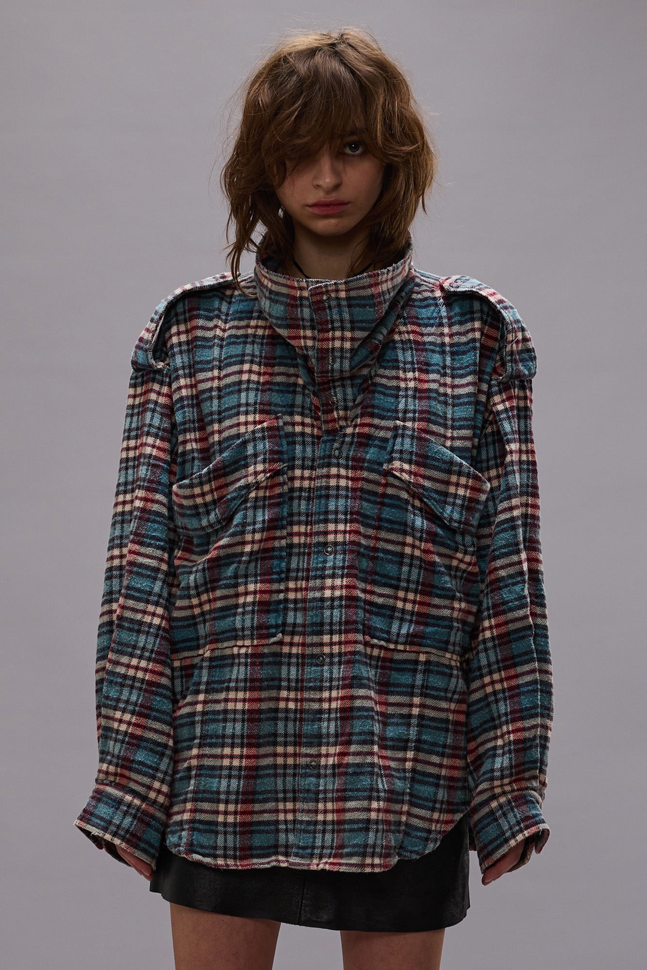 HIGH NECK SHIRT - BLUE PLAID