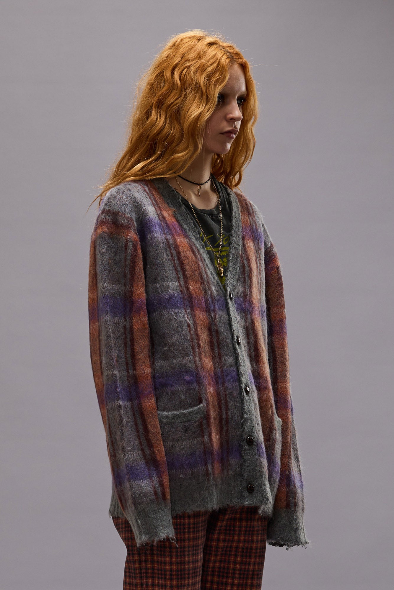 MOHAIR BOYFRIEND CARDIGAN - GREY PLAID