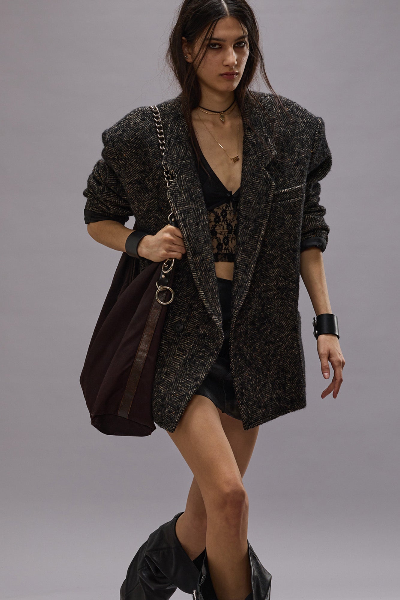 OVERSIZED DOUBLE-BREASTED BLAZER - BLACK HERRINGBONE