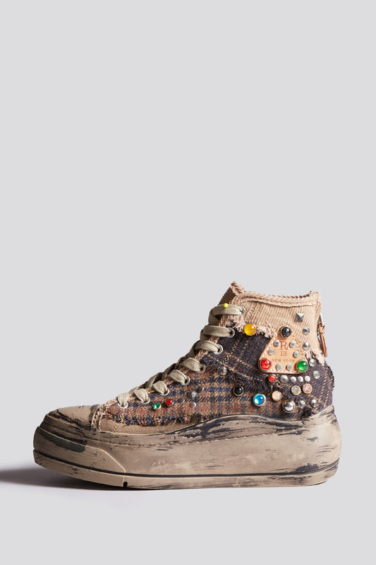 KURT HIGH TOP SNEAKER - PLAID PATCHWORK WITH STUDS ALLOVER -R13