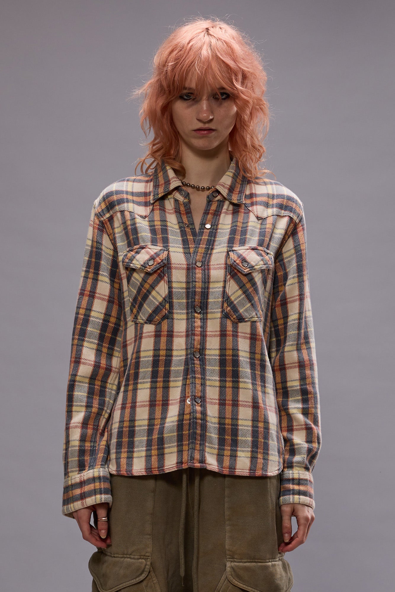 SLIM COWBOY SHIRT - CREAM/GREY/ORANGE PLAID