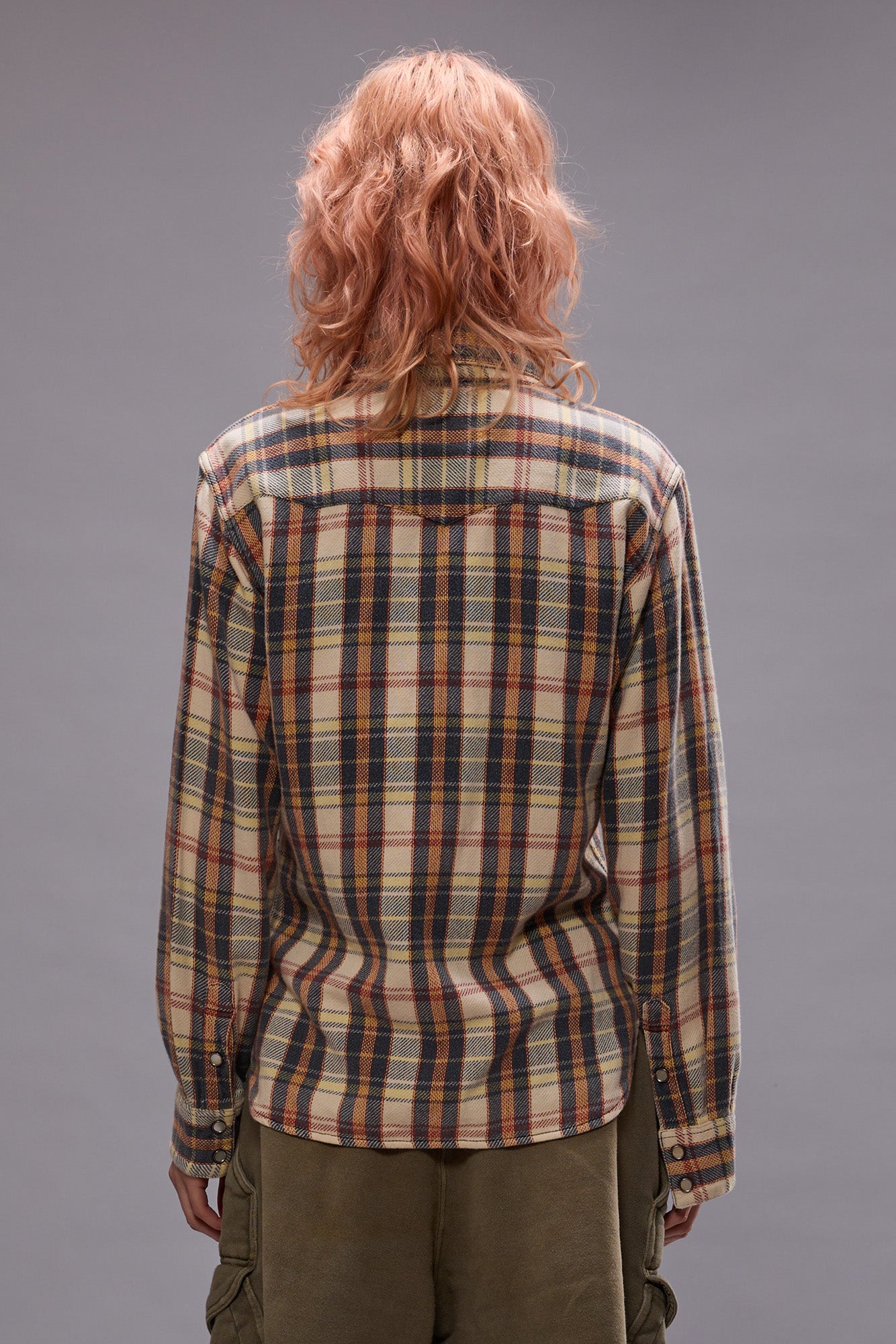 SLIM COWBOY SHIRT - CREAM/GREY/ORANGE PLAID