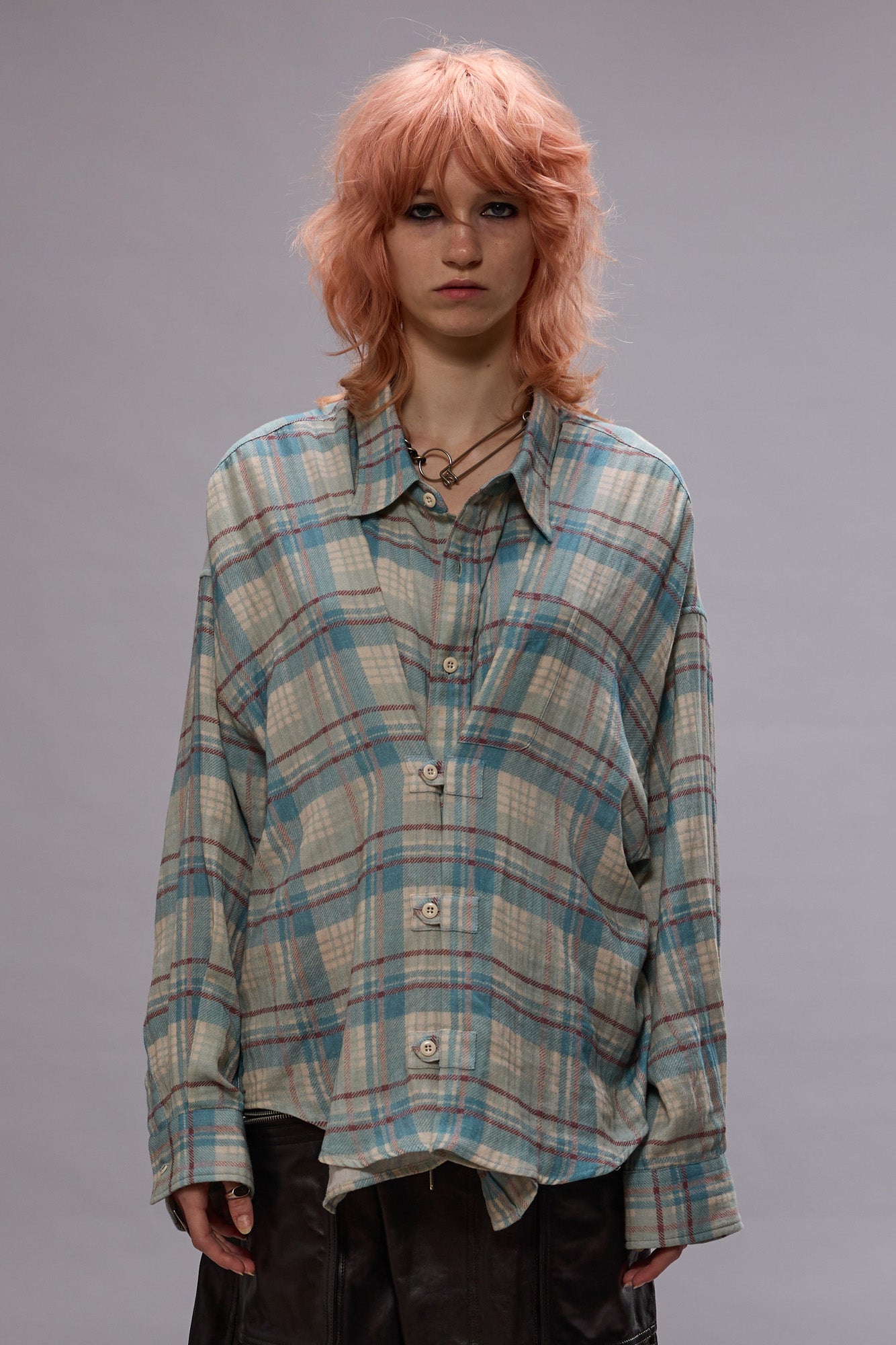 DOUBLE FRONT SHIRT - CREAM/LIGHT BLUE PLAID