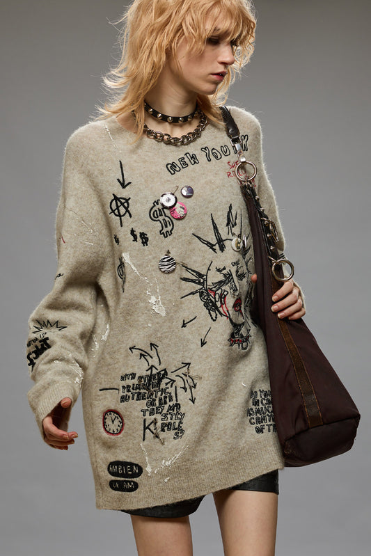 EMBROIDERED BOYFRIEND SWEATER - OATMEAL