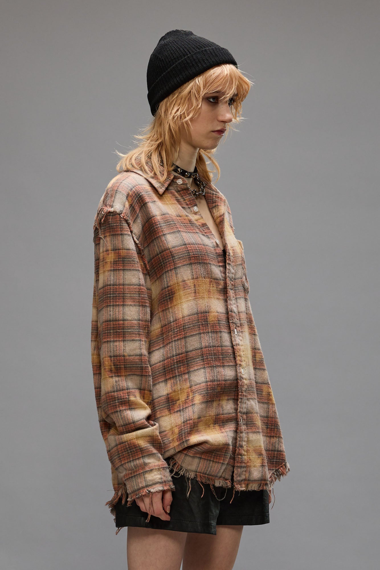 SHREDDED SEAM SHIRT - BLEACHED ORANGE PLAID - R13