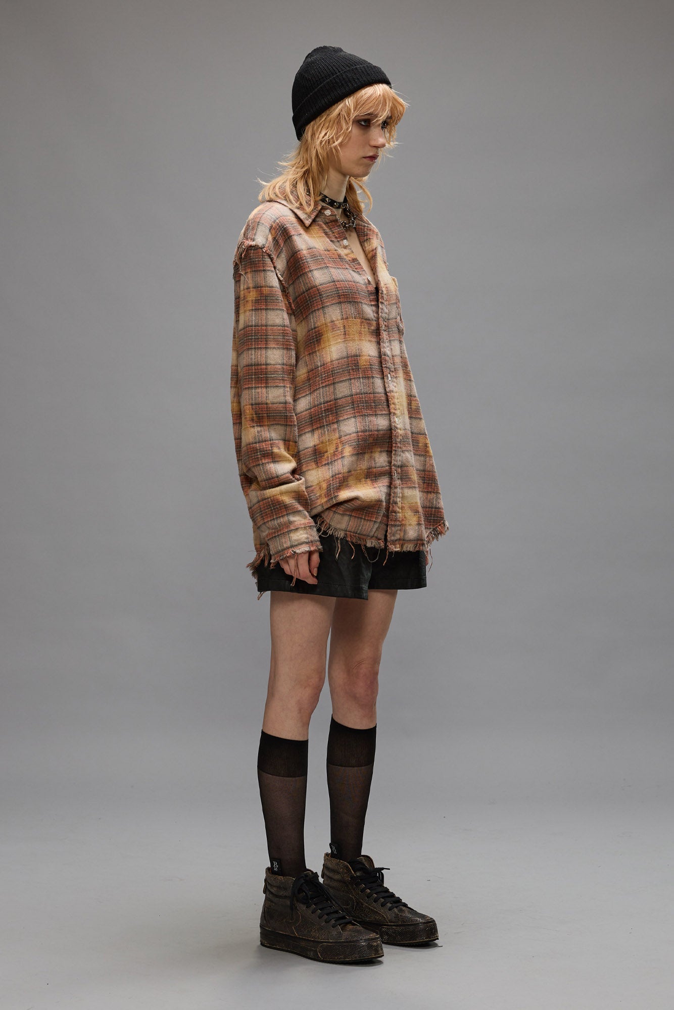 SHREDDED SEAM SHIRT - BLEACHED ORANGE PLAID - R13