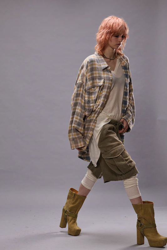 OVERSIZED POCKET DROP NECK SHIRT - CREAM/BLUE PLAID - R13