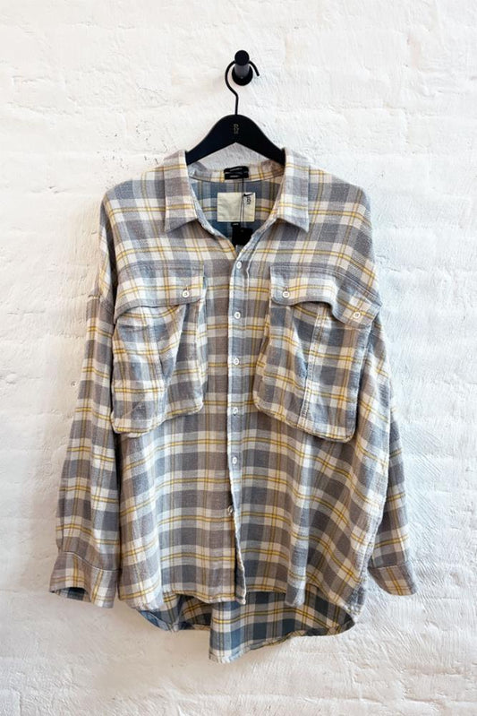 OVERSIZED POCKET DROP NECK SHIRT - CREAM/BLUE PLAID - R13