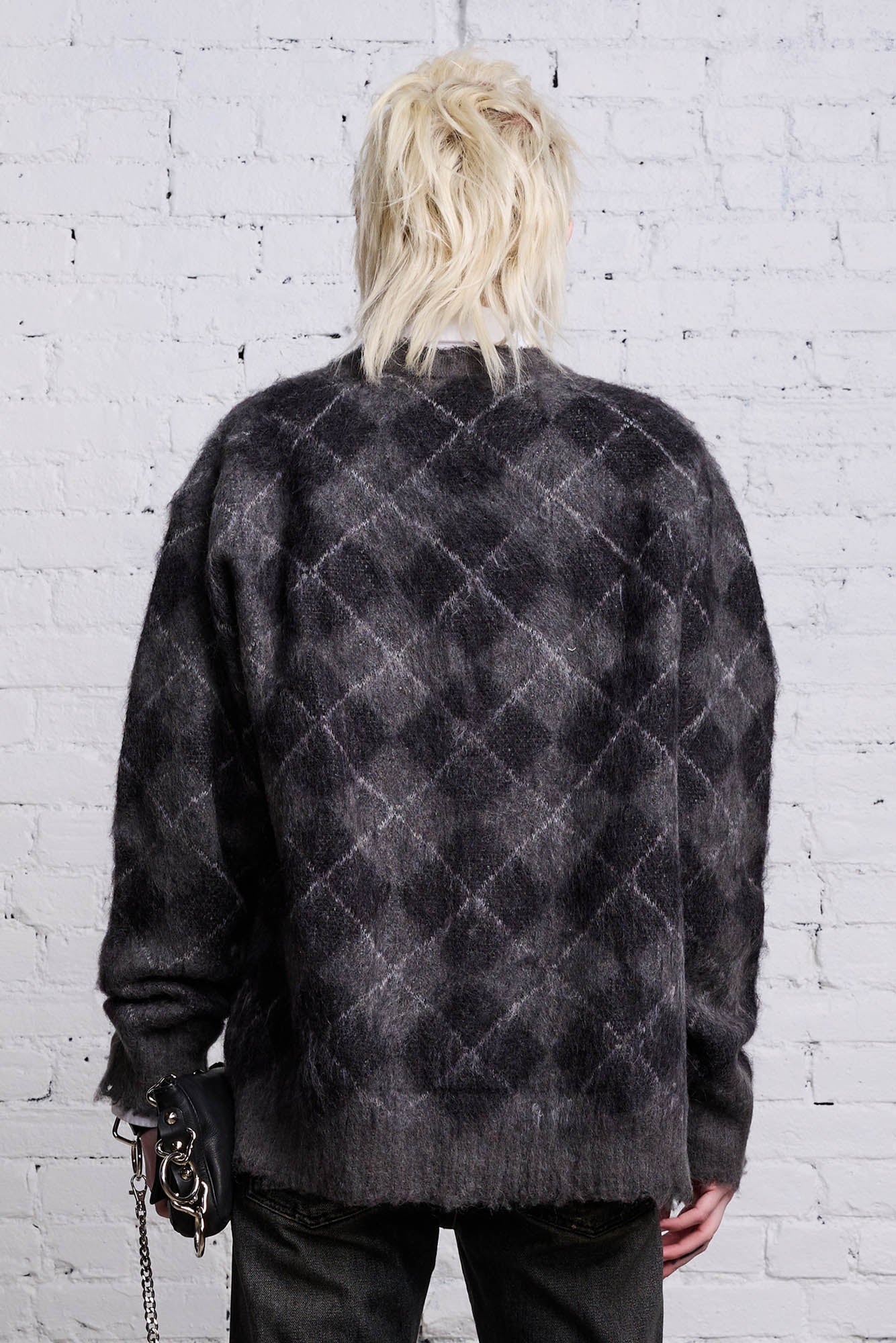 OVERSIZED DISTRESSED EDGE CARDIGAN - CHARCOAL/BLACK ARGYLE – R13