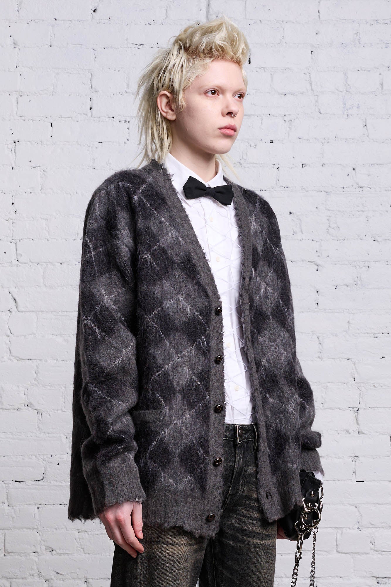 OVERSIZED DISTRESSED EDGE CARDIGAN - CHARCOAL/BLACK ARGYLE