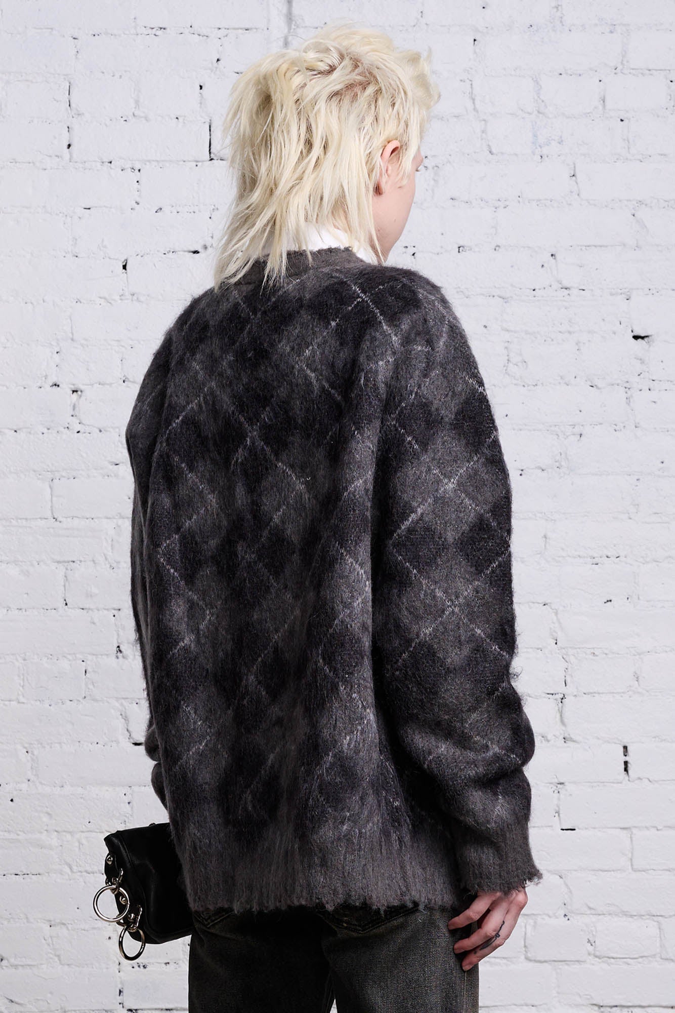 OVERSIZED DISTRESSED EDGE CARDIGAN - CHARCOAL/BLACK ARGYLE – R13