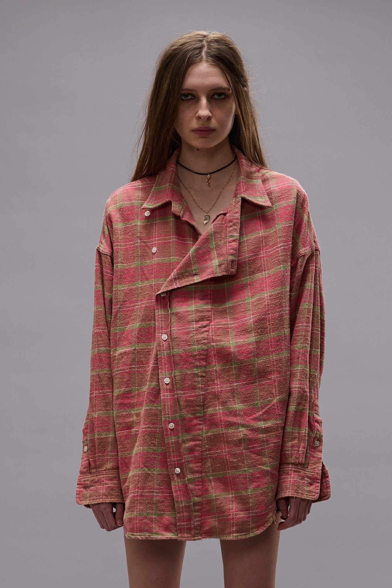 ASYMMETRICAL SHIRT - PINK PLAID