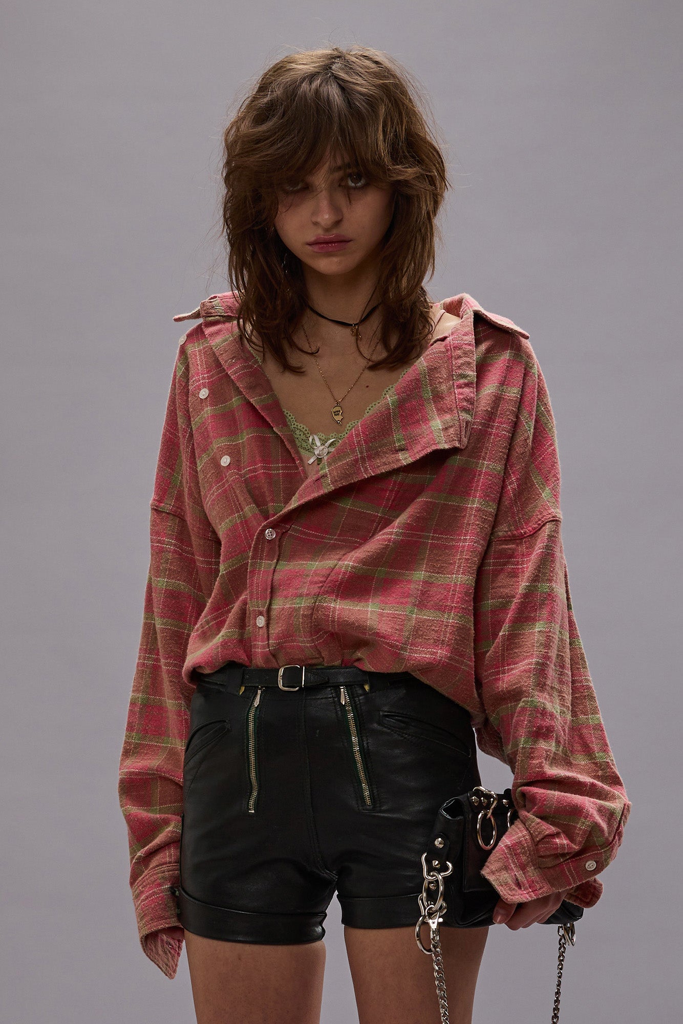 ASYMMETRICAL SHIRT - PINK PLAID