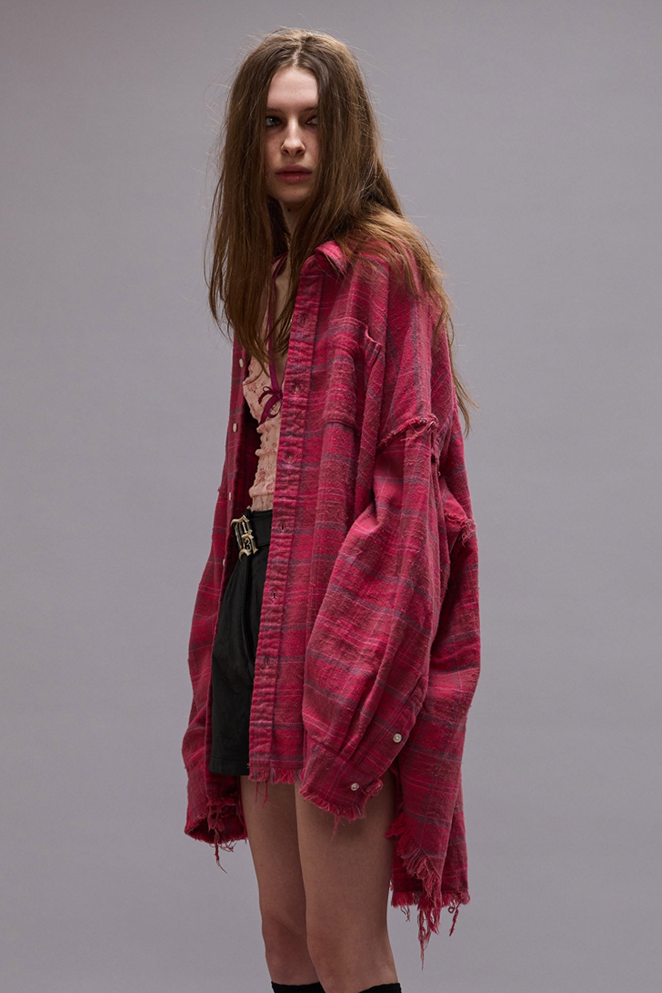 SHREDDED SEAM DROP NECK SHIRT - RASPBERRY OVERDYED PLAID