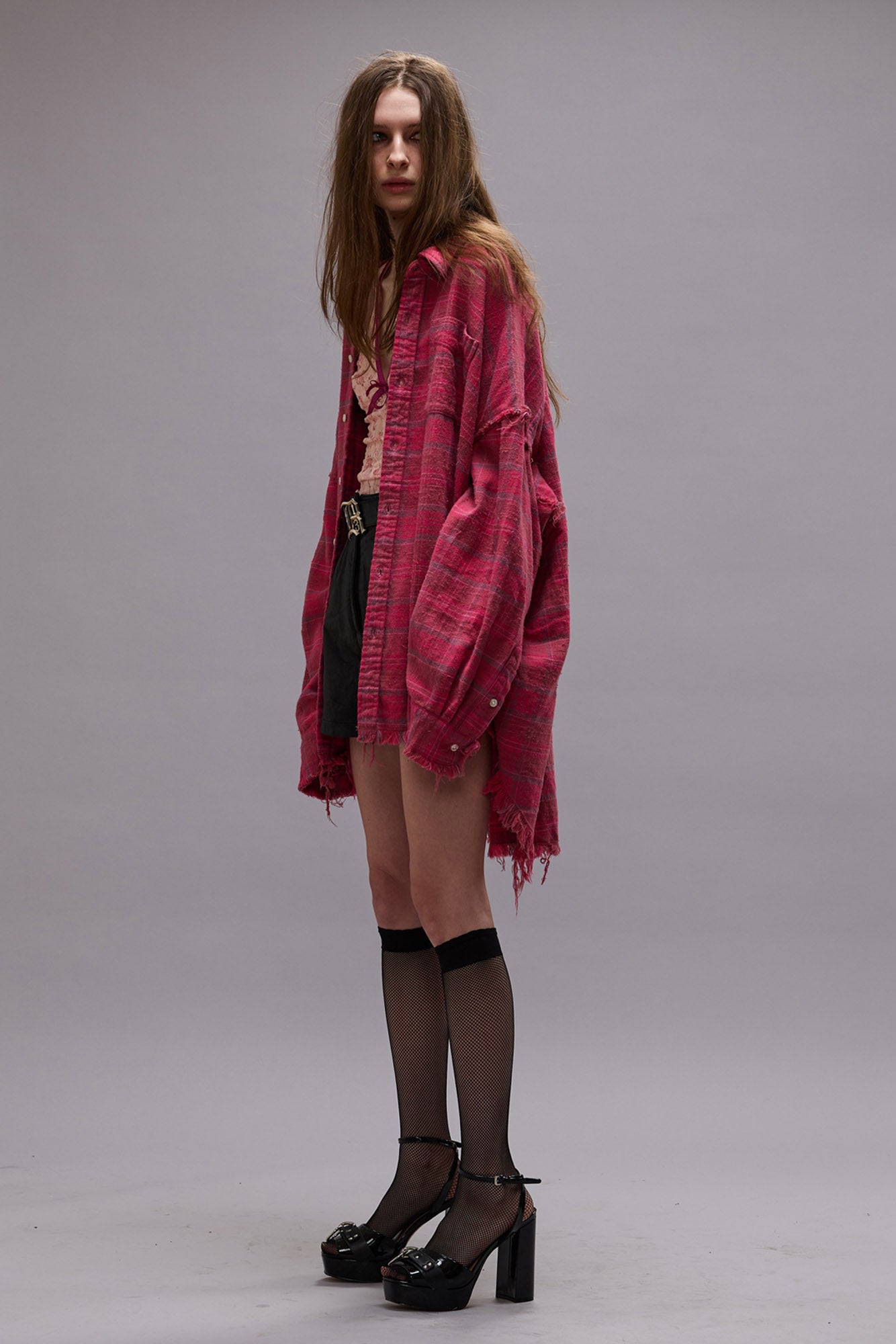 SHREDDED SEAM DROP NECK SHIRT - RASPBERRY OVERDYED PLAID