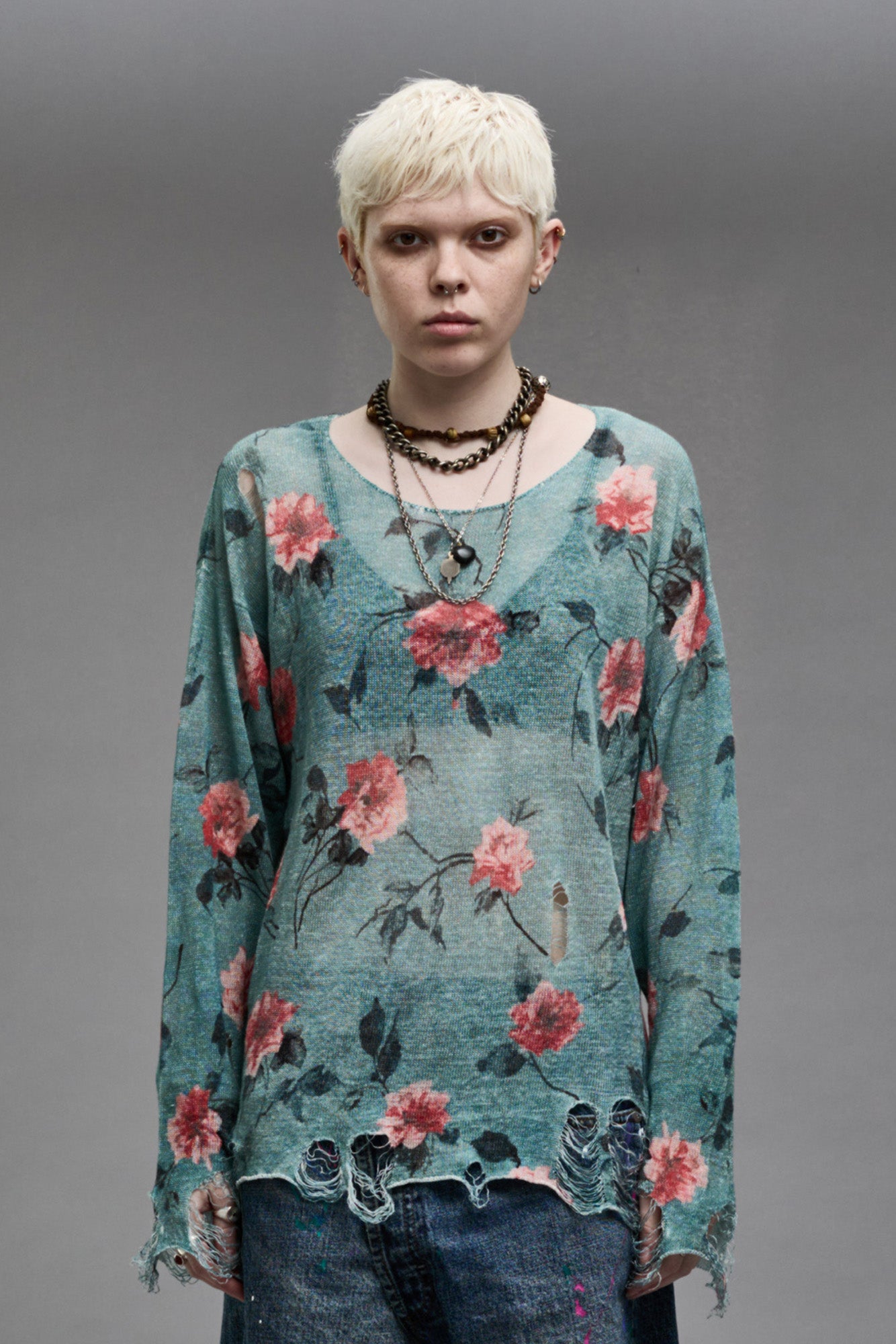 CAST-OFF NECK BOYFRIEND SWEATER - BLUE FLORAL - R13