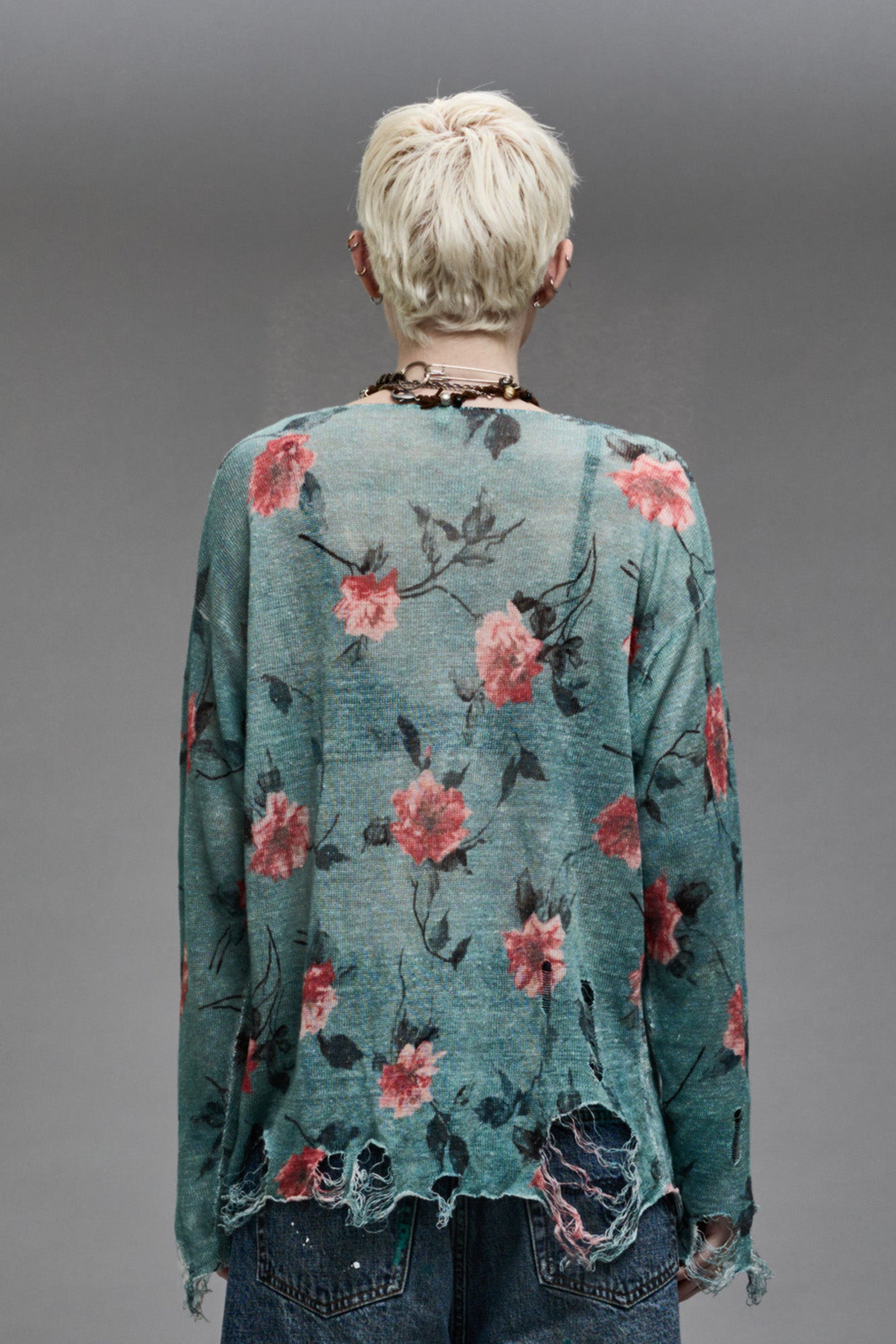 CAST-OFF NECK BOYFRIEND SWEATER - BLUE FLORAL - R13