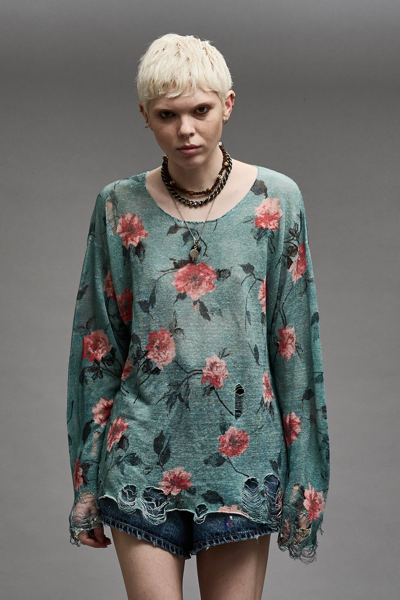 CAST-OFF NECK BOYFRIEND SWEATER - BLUE FLORAL - R13