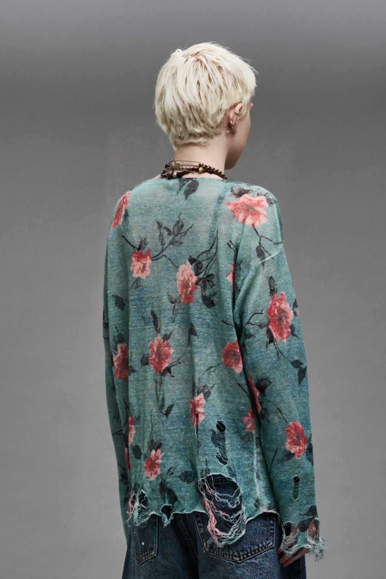 CAST-OFF NECK BOYFRIEND SWEATER - BLUE FLORAL - R13