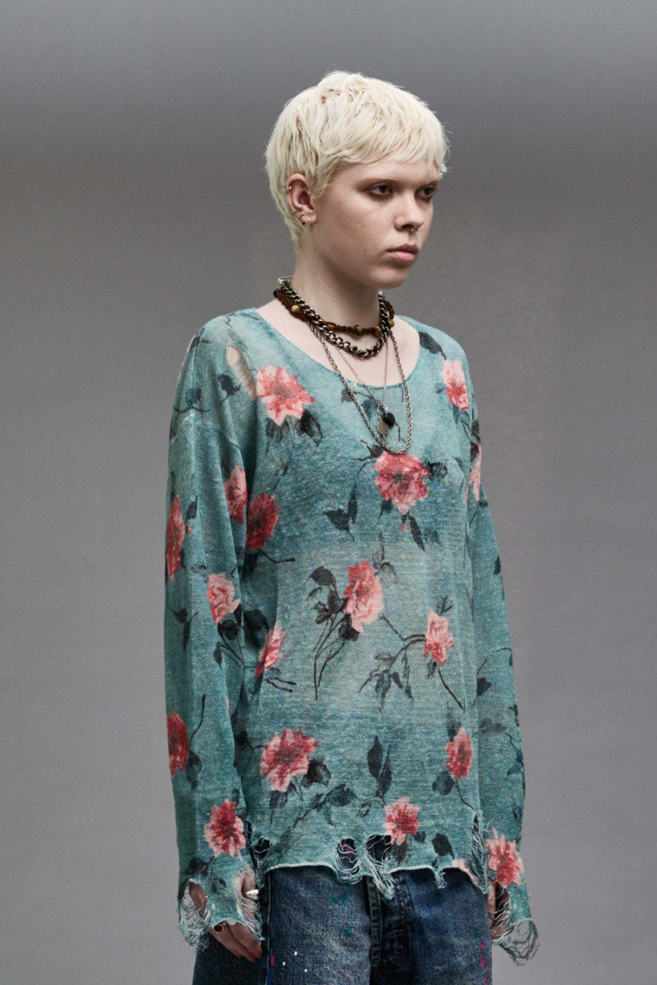 CAST-OFF NECK BOYFRIEND SWEATER - BLUE FLORAL - R13