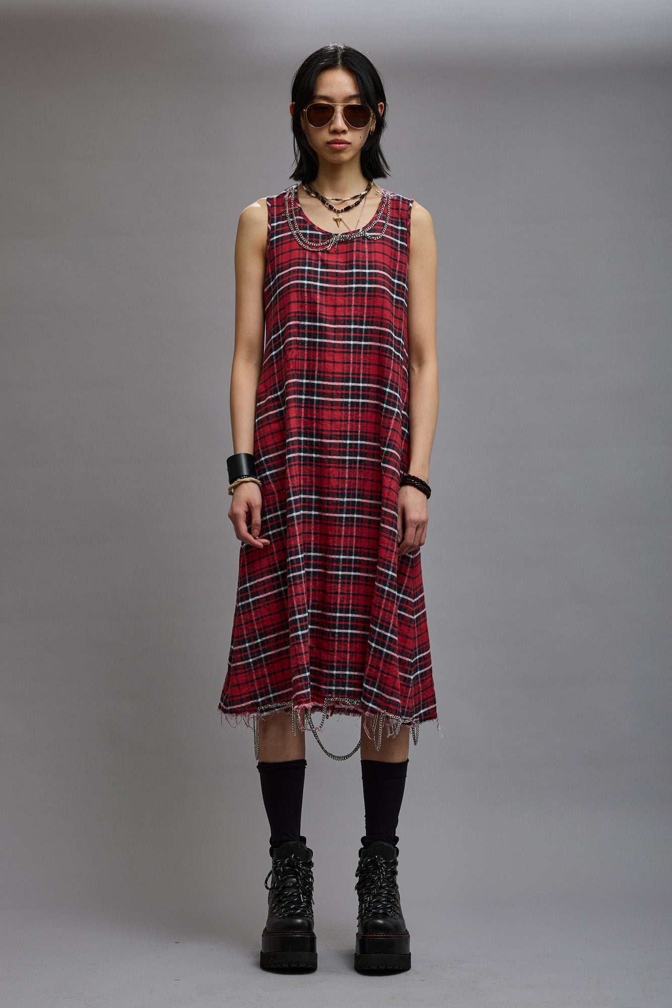 CHAIN EMBELLISHED MIDI - RED PLAID - R13