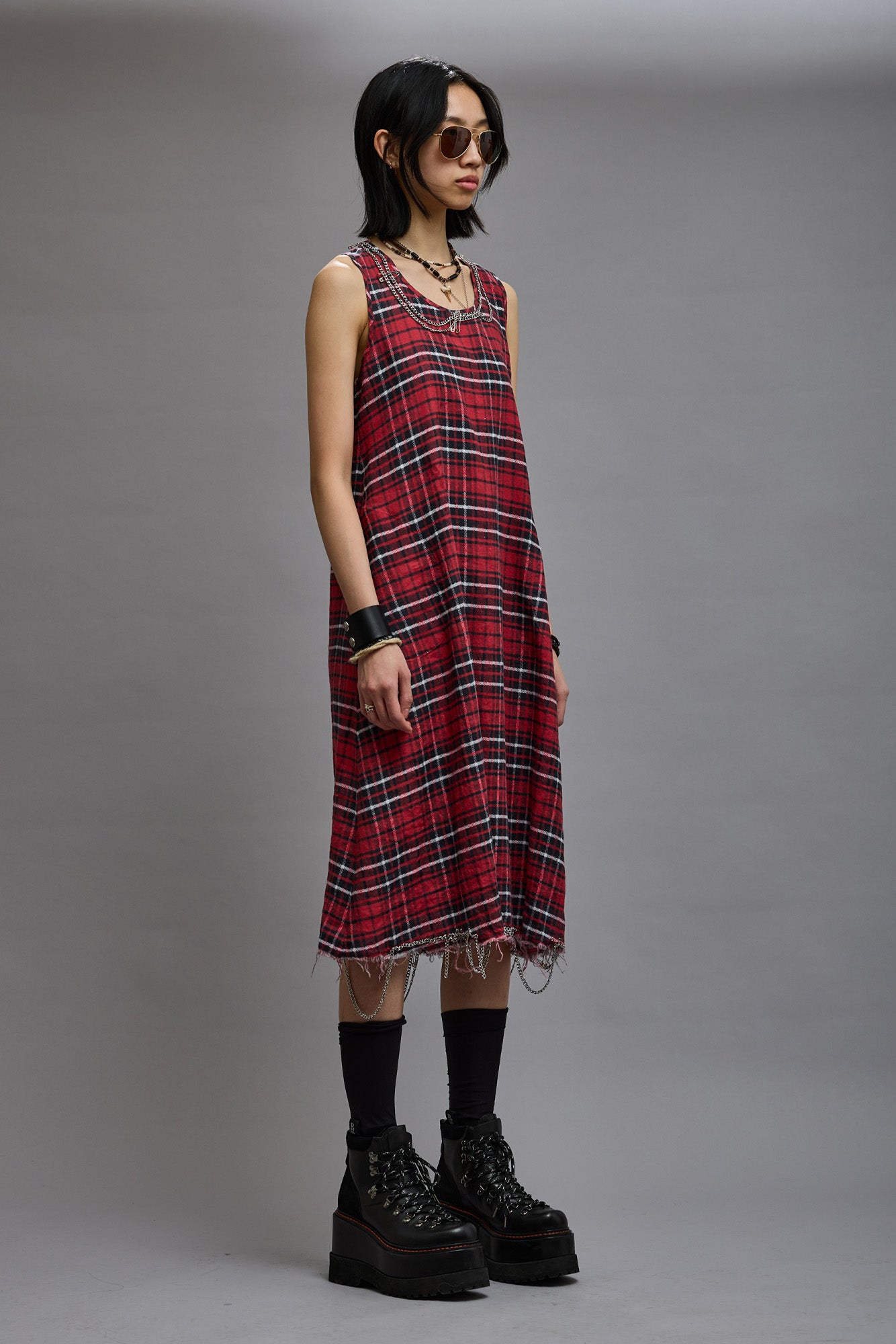 CHAIN EMBELLISHED MIDI - RED PLAID - R13