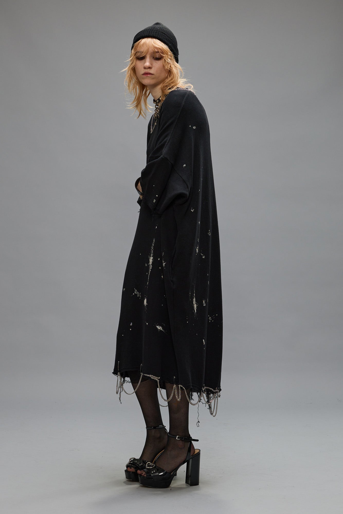 CHAIN EMBELLISHED SHIRTDRESS - SPLATTERED BLACK - R13