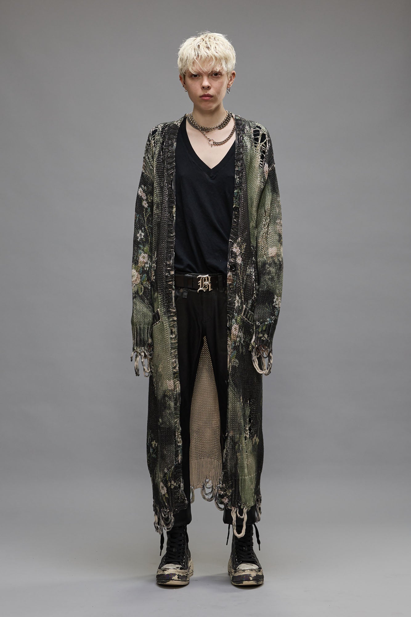 DISTRESSED LONG CARDIGAN - BLEACHED BLACK FLORAL - R13