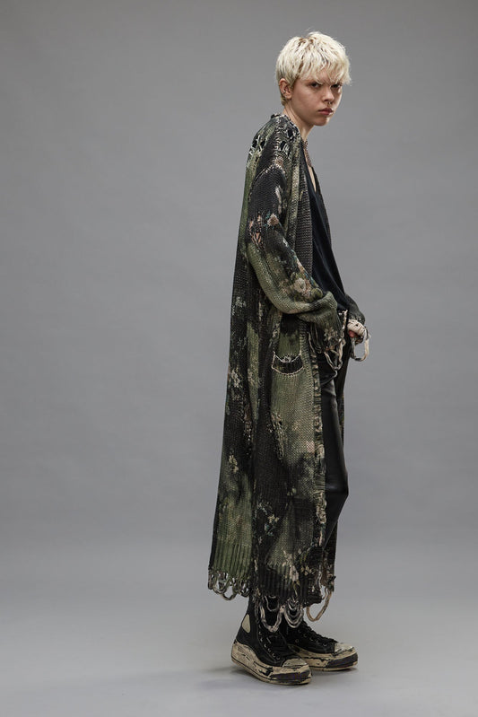 DISTRESSED LONG CARDIGAN - BLEACHED BLACK FLORAL - R13