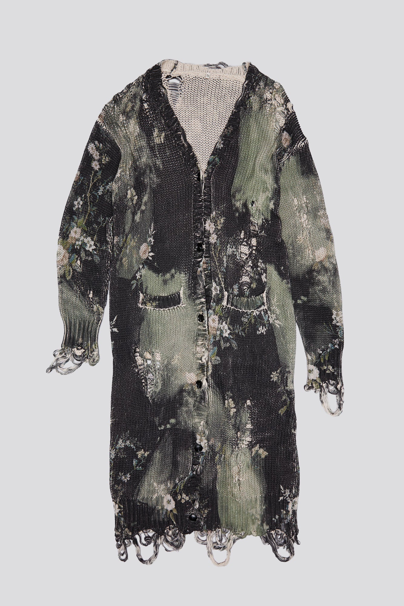 DISTRESSED LONG CARDIGAN - BLEACHED BLACK FLORAL - R13