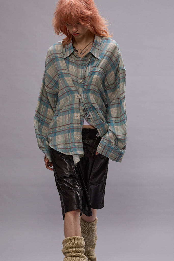 DOUBLE FRONT SHIRT - CREAM/LIGHT BLUE PLAID