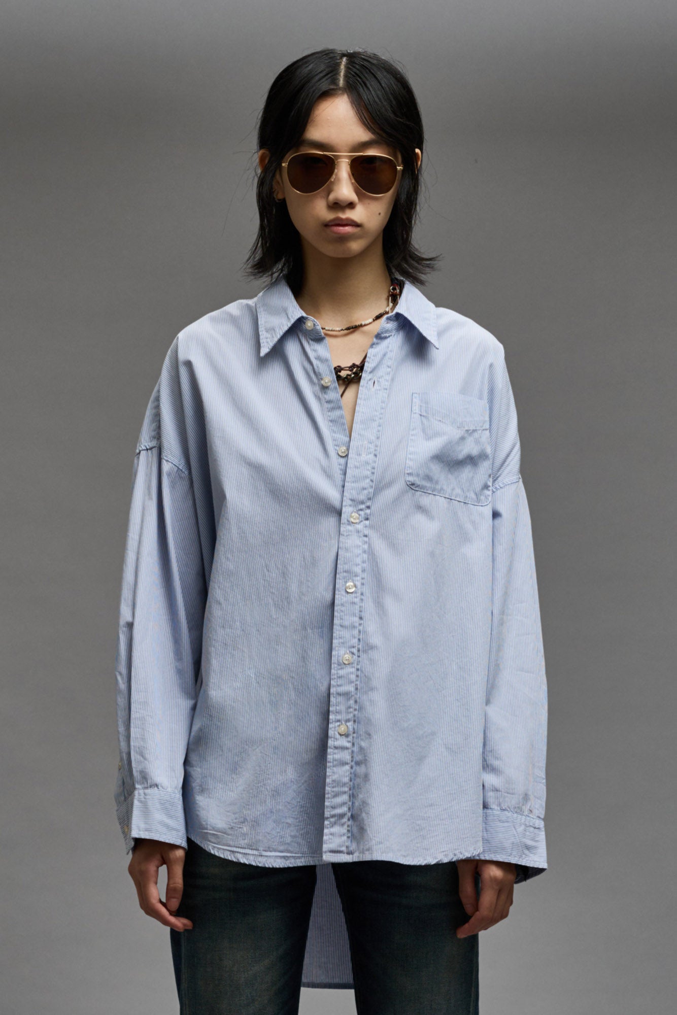 DROP NECK SHIRT - BLUE AND WHITE STRIPE - R13