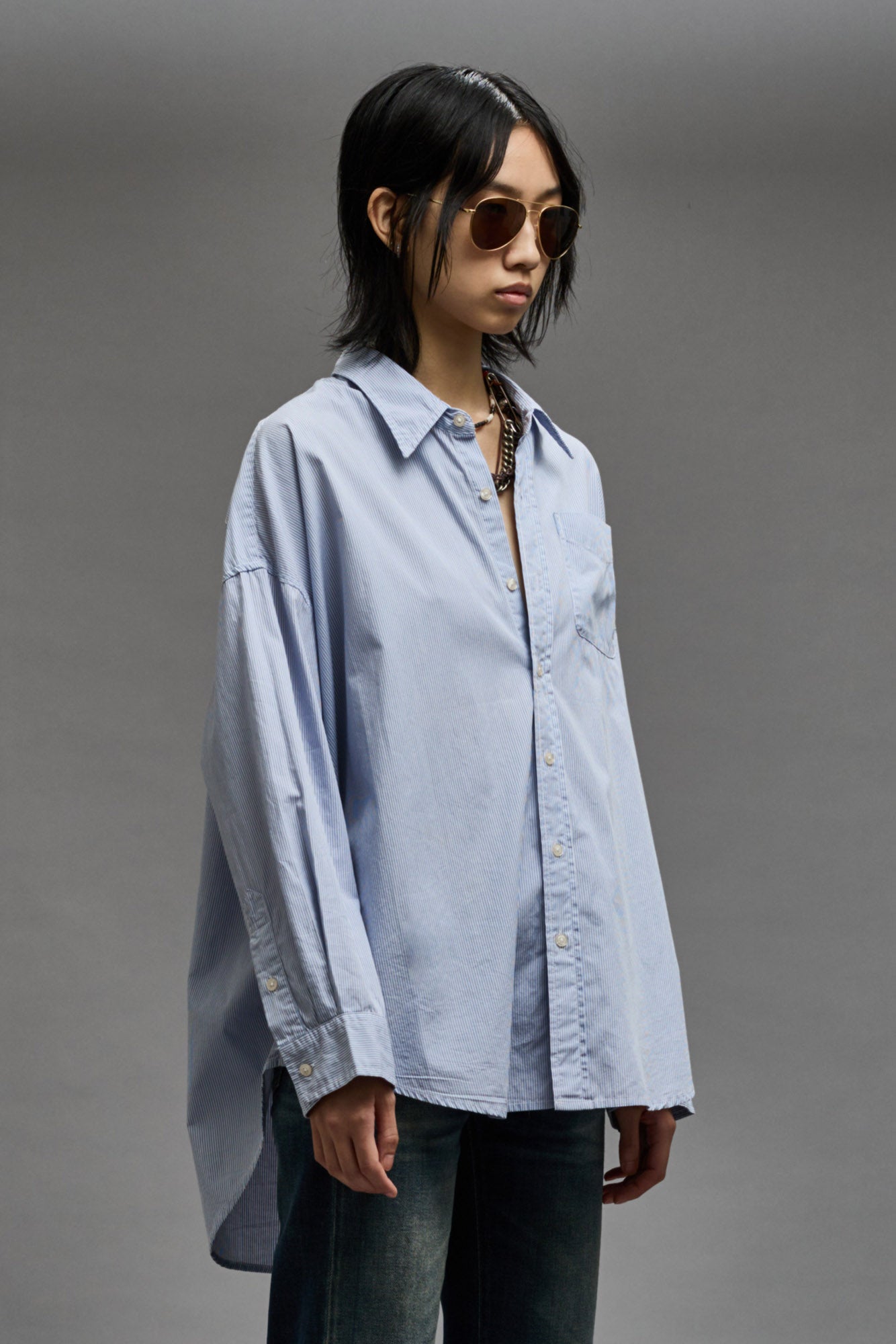 DROP NECK SHIRT - BLUE AND WHITE STRIPE - R13