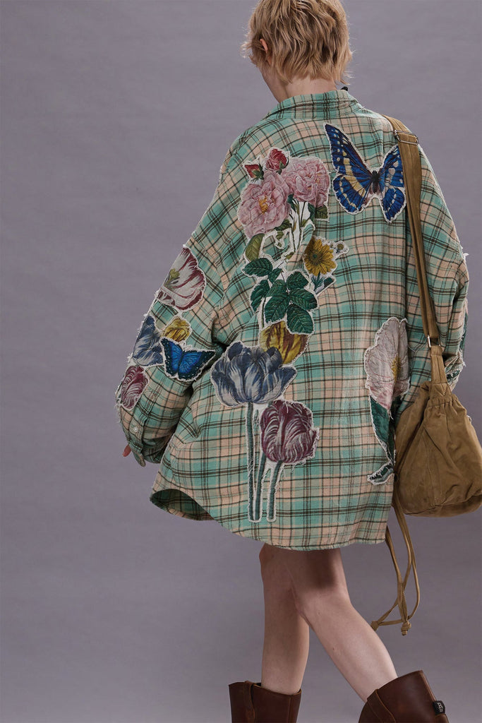 DROP NECK SHIRT - LIGHT GREEN PLAID W/ APPLIQUE